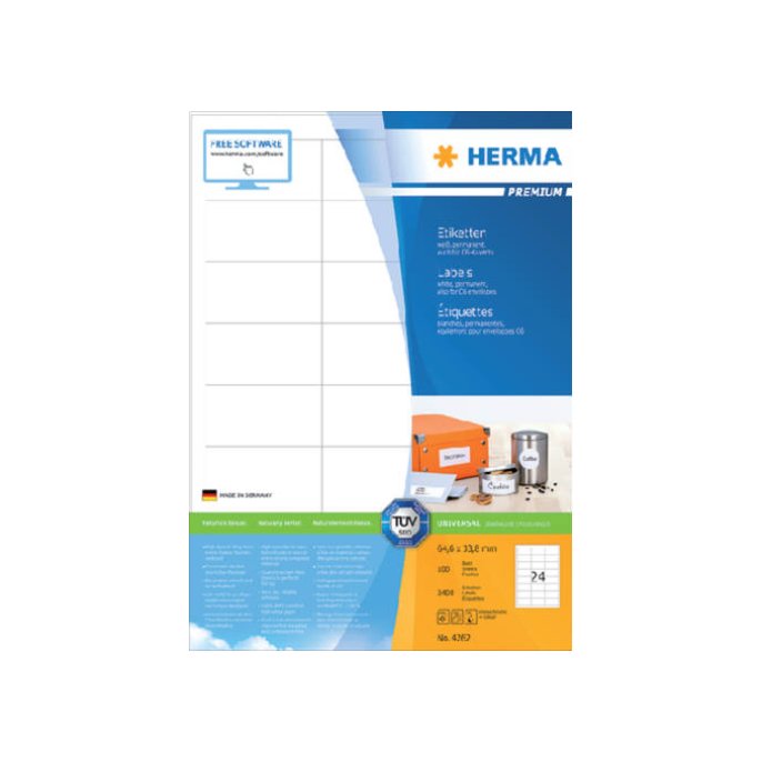 Herma Premium permanent papieretiket 64.6 x 33.8 mm 100 vellen 24 etiketten per A4-vel wit (pak 2400 stuks)