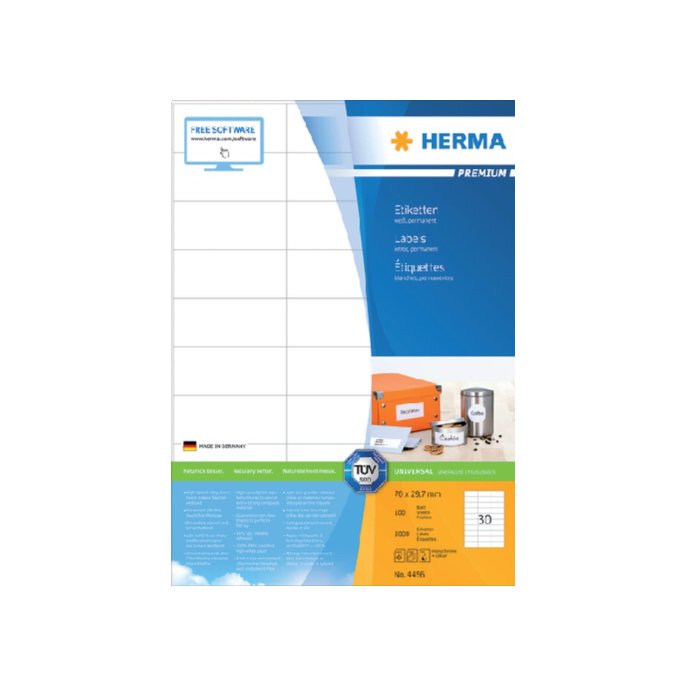 Herma Premium permanent papieretiket 70 x 29.7 mm 100 vellen 30 etiketten per A4-vel wit (pak 3000 stuks)