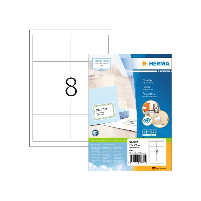 Herma Premium permanent papieretiket. 97 x 67.7 mm. 100 vellen. 8 etiketten per A4-vel. wit (pak 800 stuks)