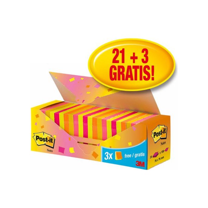 Post-it Notes Voordeelpak 76 x 76 mm Neon kleuren (pak 24 blokken)