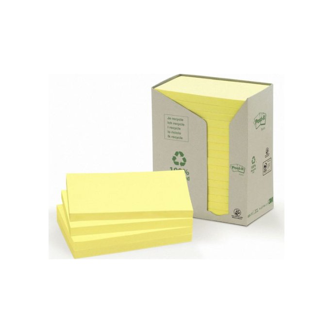 Post-it Recycled Notes Canary Yellow™ 76 x 127 mm Geel (pak 16 blokken)