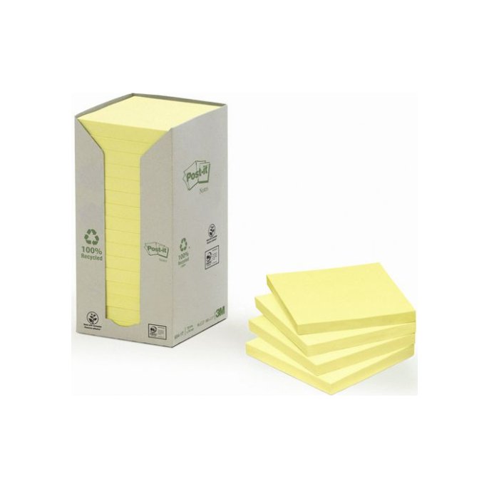 Post-it Recycled Notes Canary Yellow™ 76 x 76 mm Geel (pak 16 blokken)