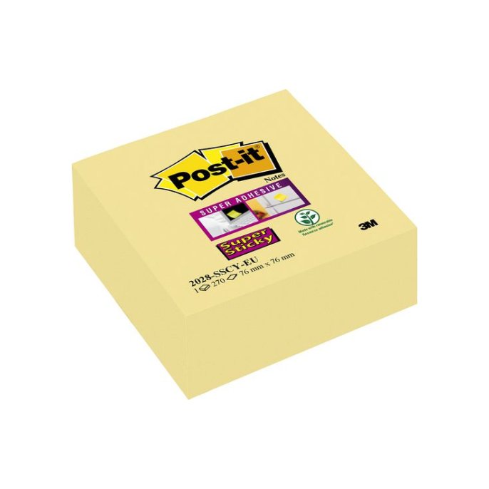 Post-it® Super Sticky Notes Canary Yellow™ Kubus. 76 x 76 mm. Geel (blok 270 vel)