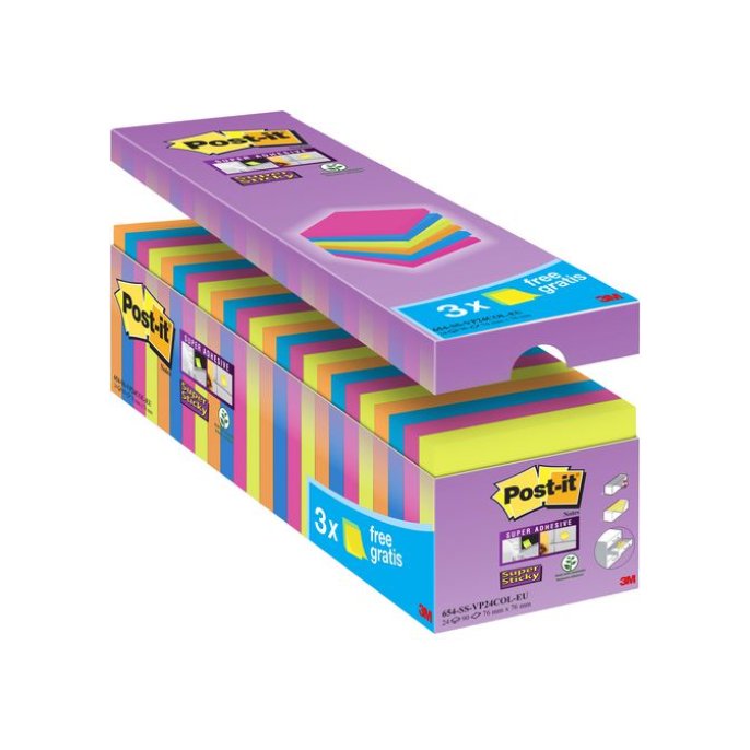 Post-it Super Sticky Notes Voordeelpak 76 x 76 mm Neon kleuren (pak 24 blokken)