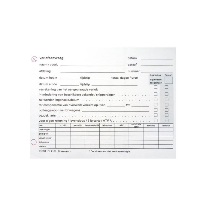 Samsom Verlofaanvraag A6 2-voud (pak 100 vel)