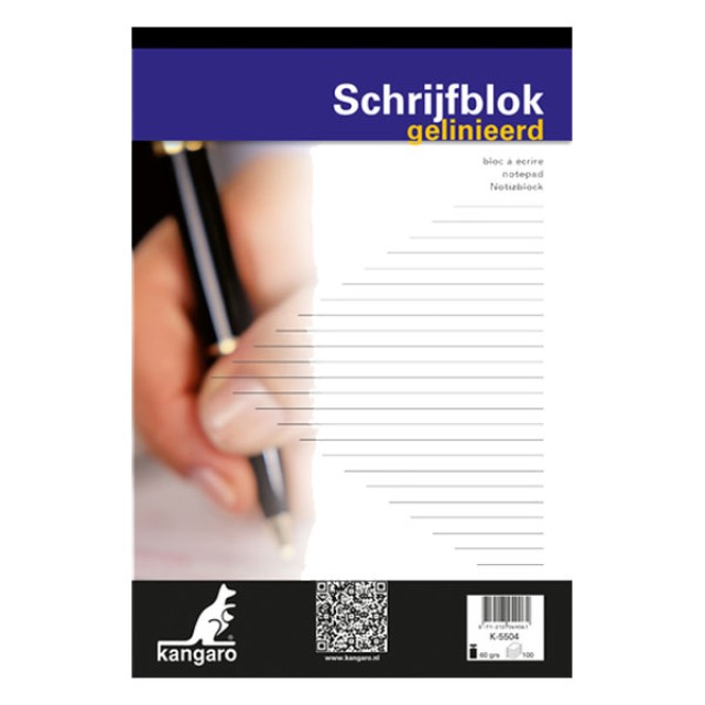 Schrijfblok Kangaro A4 lijn 60g 100v/pk5