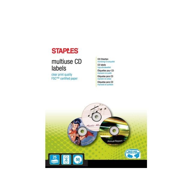 Staples CD/ DVD Etiketten 117 mm 2 Etiketten per vel Wit (pak 50 stuks)