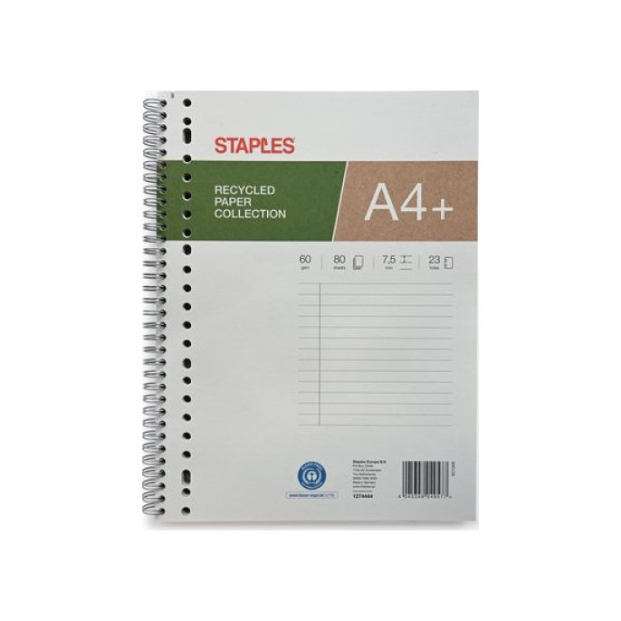 Staples Collegeblok A4 Gerecycled Gelinieerd 23-gaats Wit (pak 5 x 80 vel)