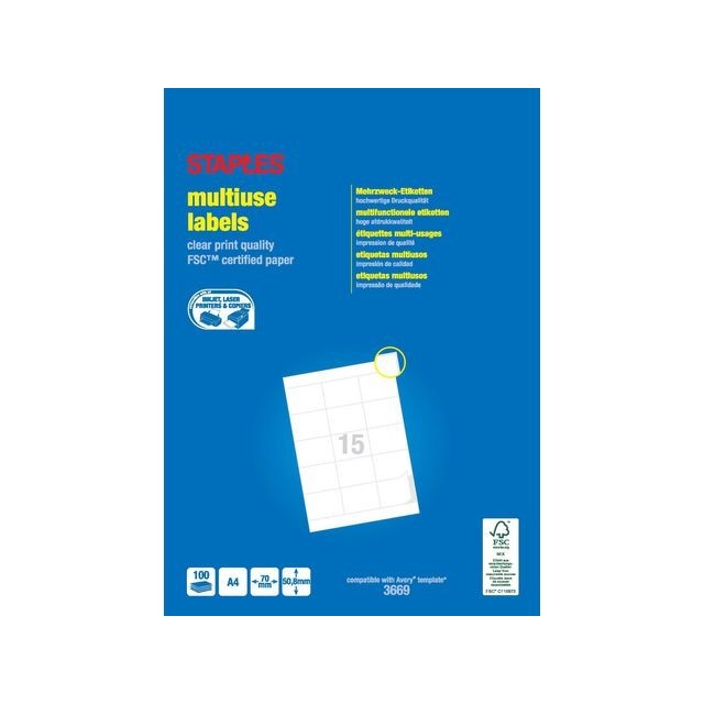 Staples Etiketten A4. 70 x 50.8 mm. 15 Etiketten per vel. Wit (pak 1500 stuks)