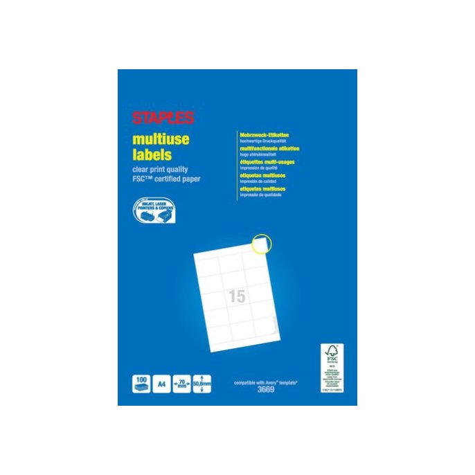 Staples Etiketten A4 70 x 50.8 mm 15 Etiketten per vel Wit (pak 1500 stuks)