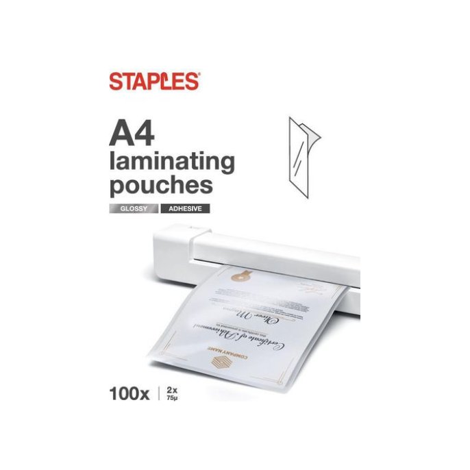 Staples Lamineerhoes A4 Zelfklevend 216 x 303 mm 2 x 75 micron Glanzend (pak 100 stuks)