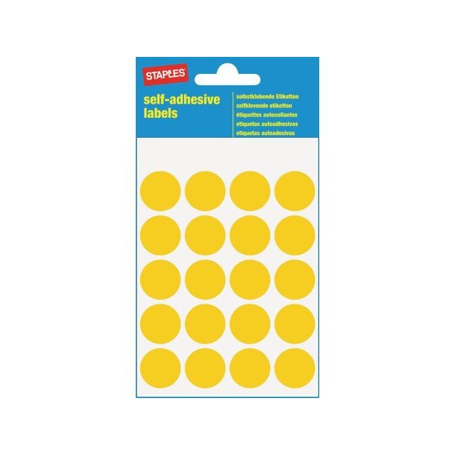 Staples Markeer Etiketten Diameter 19 mm. 20 Etiketten per vel. Geel (pak 100 stuks)