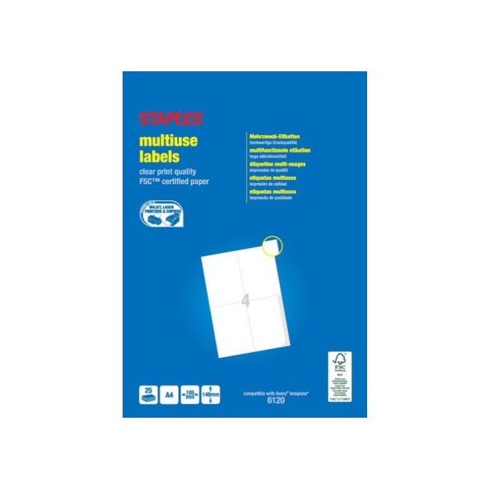 Staples Multifunctionele Etiketten 105 x 148 mm 4 Etiketten per vel Wit (pak 100 stuks)