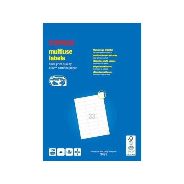 Staples Multifunctionele Etiketten Permanent. Rechthoekig. 70 x 26 mm. 33 Etiketten per vel. Wit (pak 3300 stuks)