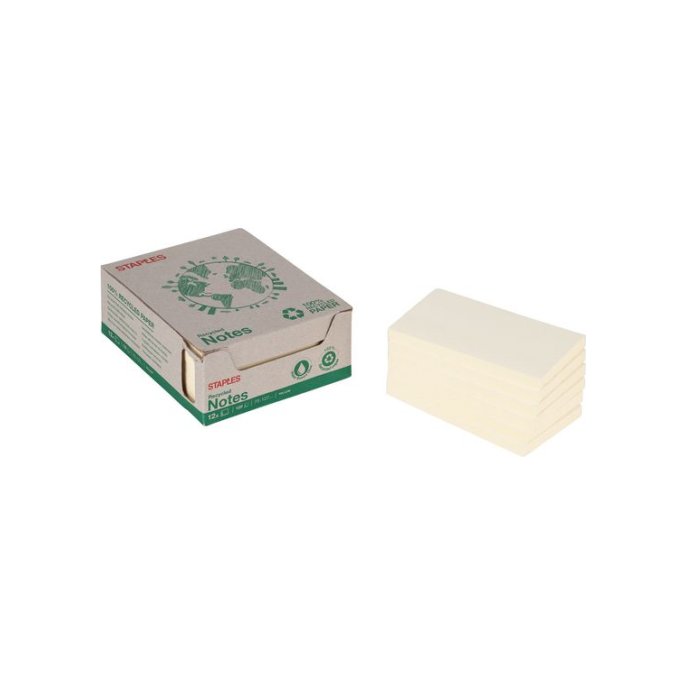 Staples Recycled Zelfklevend Notitieblok 76 x 127 mm 70 grams pastelgeel (pak 12 blokken)