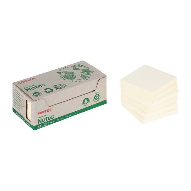 Staples Recycled Zelfklevend Notitieblok 76 x 76 mm 70 grams pastelgeel (pak 12 blokken)