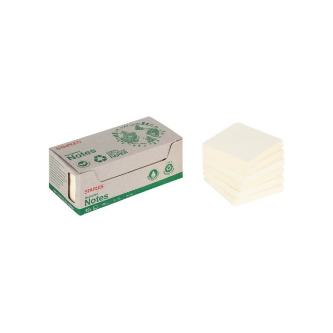 Staples Recycled Zelfklevend Notitieblok 76 x 76 mm 70 grams pastelgeel (pak 12 blokken)