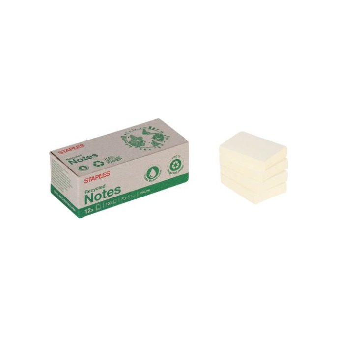 Staples Recycled Zelflevend Notitieblok 38 x 51 mm 70 grams pastelgeel (pak 12 blokken)