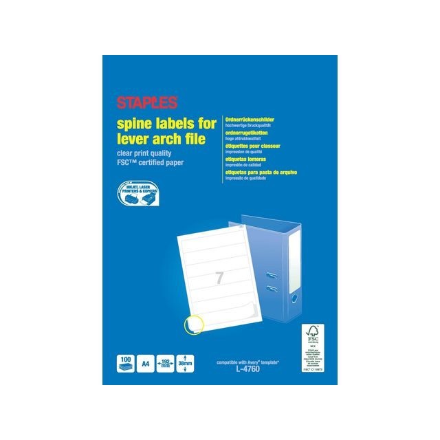 Staples Rugetiketten. 192 x 38 mm. 7 Etiketten per vel. Wit (pak 700 stuks)