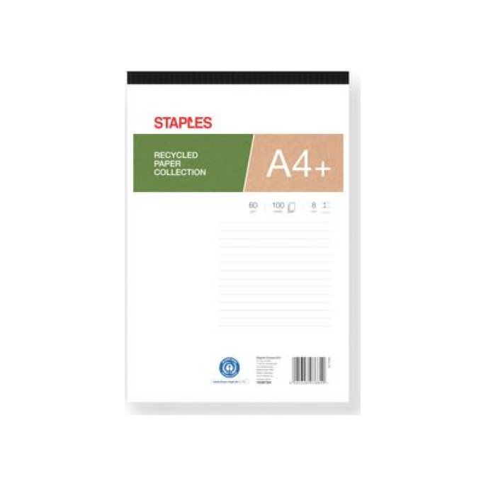 Staples Schrijfblok A4+ Gerecycled Gelinieerd (pak 5 x 100 vel)