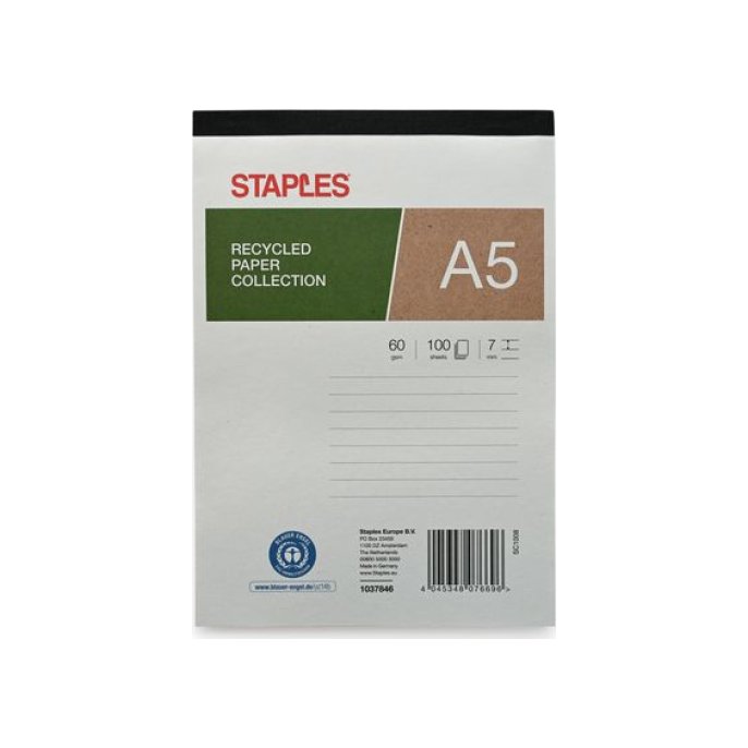 Staples Schrijfblok A5 Gerecycled Gelinieerd Wit (pak 5 x 100 vel)