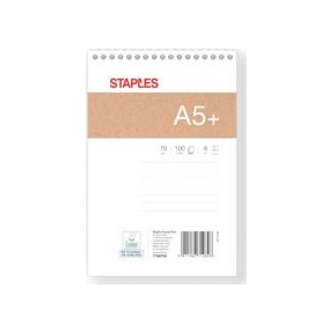 Staples Schrijfblok met Spiraal A5 Gelinieerd (pak 5 x 100 vel)