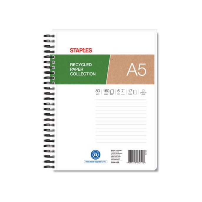 Staples Spiraalblok A5+ Gerecycled Gelinieerd 80 g/m2 80 vel (pak 5 stuks)