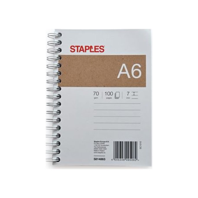 Staples Spiraalblok A6 Gelinieerd Blauw (pak 5 x 100 vel)