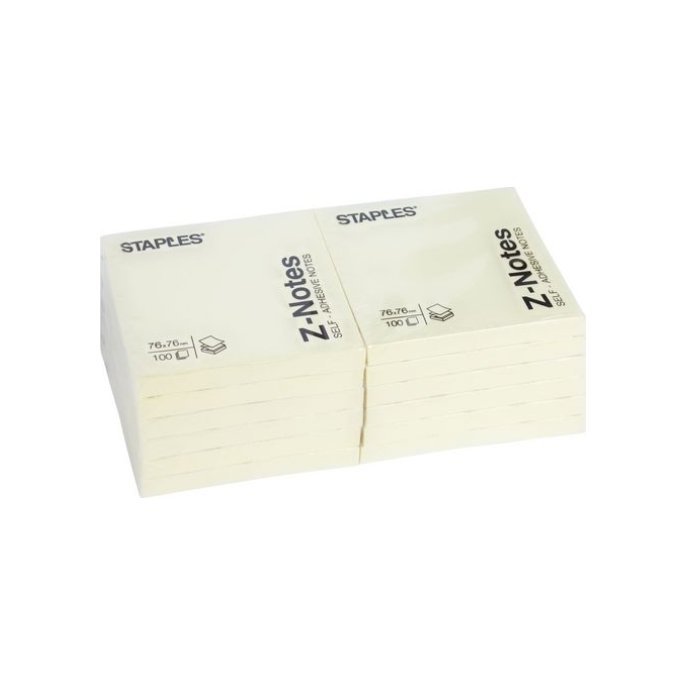 Staples Sticky Z-Notes Notitieblok 76 x 76 mm Geel (pak 12 x 100 vel)