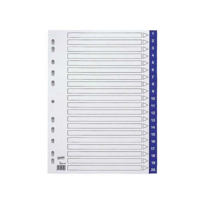 Staples Tabbladen blauw kunststof 11 rings A4 bedrukte tabs 1-20 (set 20 vel)