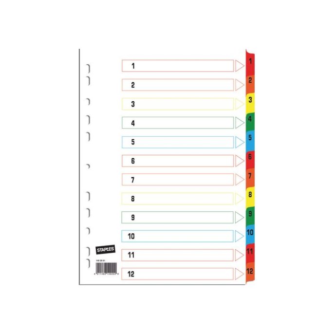 Staples Tabbladen wit karton met gekleurde tabs 11 rings A4 bedrukte tabs 1-12 (set 12 vel)