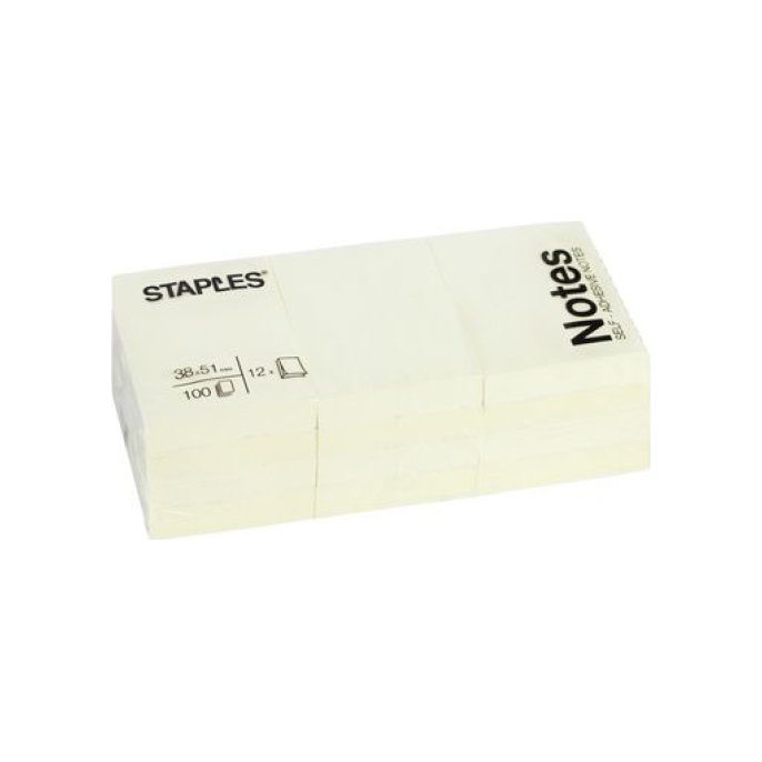 Staples Zelfklevend Notitieblok 38 x 51 mm Geel (doos 12 x 100 vel)