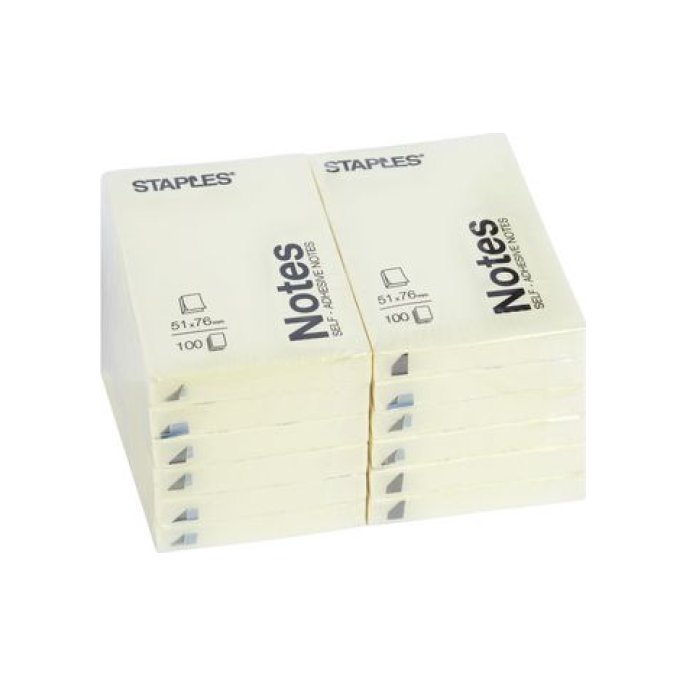 Staples Zelfklevend Notitieblok 51 x 76 mm Geel (pak 12 x 100 vel)