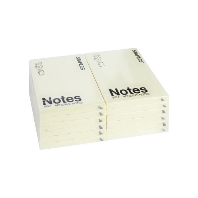 Staples Zelfklevend Notitieblok 76 x 102 mm Geel (pak 12 x 100 vel)