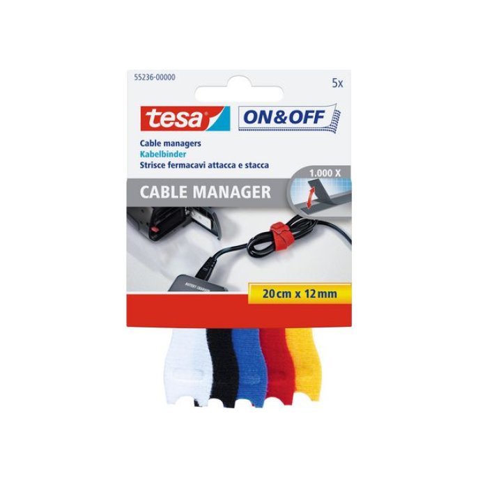 TESA® On & Off Cable Manager Universal Kabelbinder Klittenband 12 x 200 mm Assorti (pak 5 stuks)