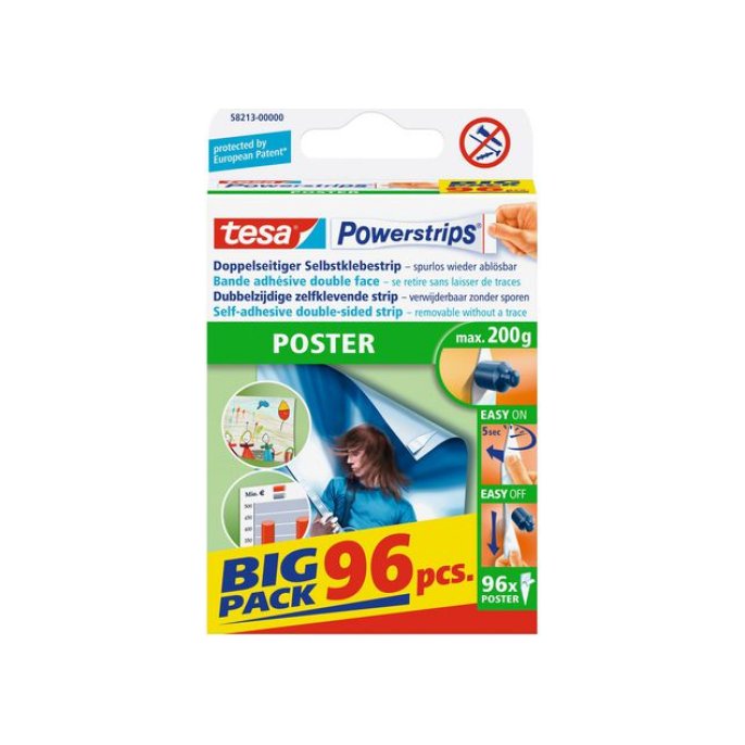 TESA® Powerstrips Poster Dubbelzijdige Klevende Strips Big Pack Verwijderbaar Wit (pak 96 stuks)