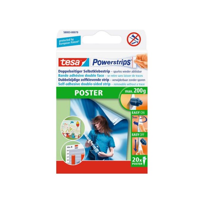 TESA® Powerstrips Poster Dubbelzijdige Klevende Strips Verwijderbaar Wit (pak 20 stuks)