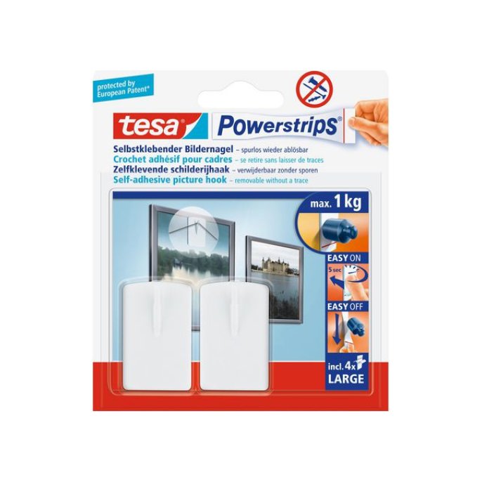 TESA® Powerstrips Zelfklevende Schilderijhaak Verwijderbaar 1 kg Wit (pak 2 stuks)