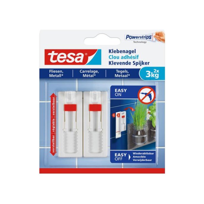 TESA® Verstelbare Klevende Spijker Voor Tegels en Metaal 3 kg Wit (pak 2 stuks)