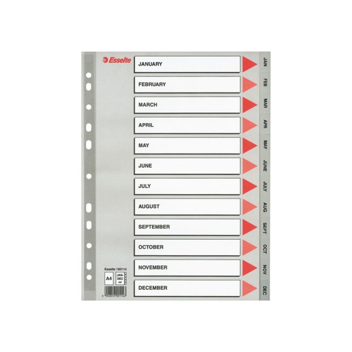 Tabblad ESSELTE 11r A4 PP jan-dec grijs