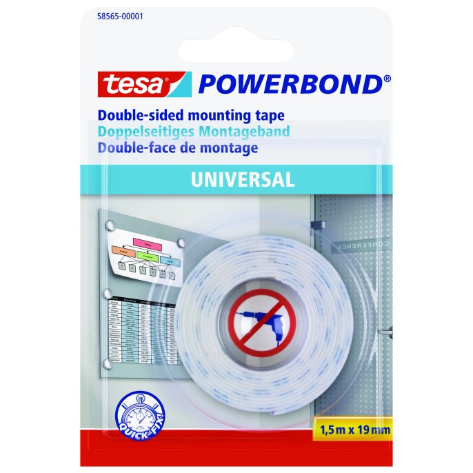 tesa® Powerbond® Universal 58565 Dubbelzijdige Bevestigingstape.19 mm x 1.5 m. Wit (rol 1.5 meter)